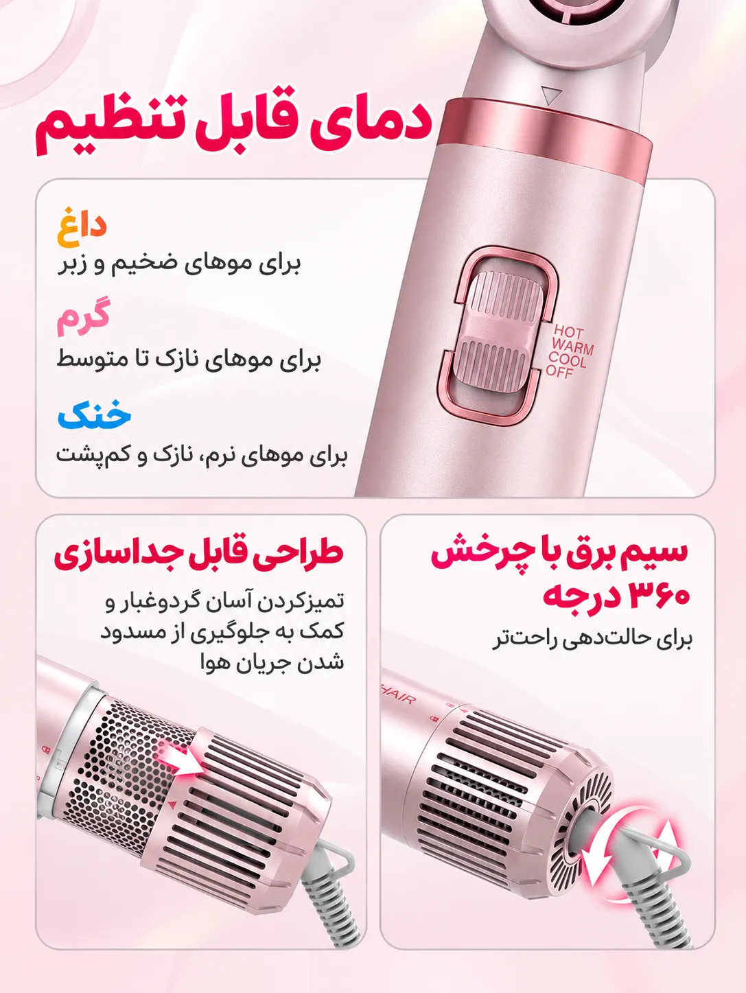 نمای نزدیک سشوار ۵ کاره شیگلم Blowout Bliss با کلید تنظیم دما، دریچه‌های گردش هوا و طراحی سری قابل جداسازی